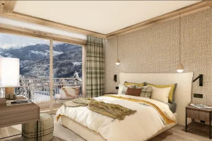 Chambre de l'Appartement Duplex Signature 6 chambres au Bârma Courchevel Hotel & Spa avec vue panoramique montagne