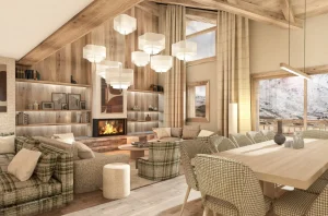Espace de vie sous charpente de l'Appartement Duplex Signature 6 chambres au Bârma Courchevel Hôtel 4 étoiles, cheminée