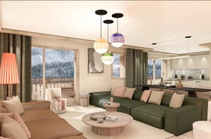 Salon et cuisine ouverte de l'Appartement Duplex Signature 6 chambres au Bârma Courchevel 1400 Hôtel & Spa
