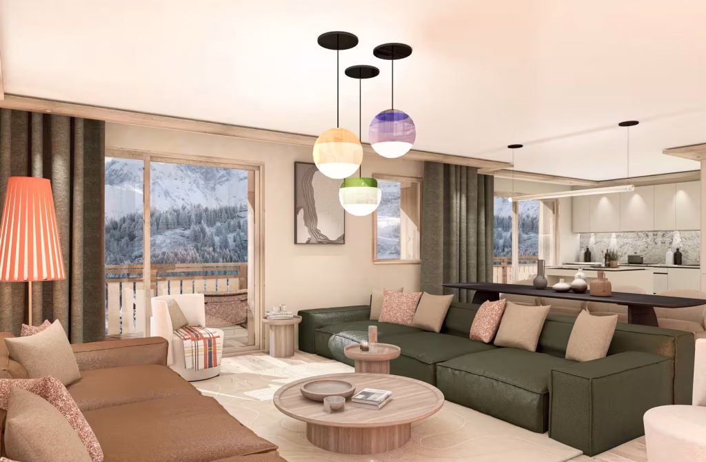 Salon et cuisine ouverte de l'Appartement Signature 5 chambres au Bârma Courchevel Hotel & Spa, vue montagne