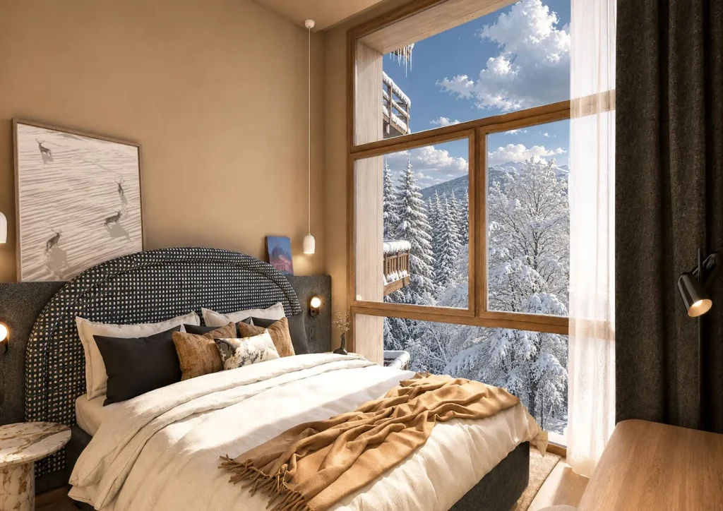 Chambre Deluxe Familiale du Bârma Courchevel Hotel & Spa, tête de lit graphite et vue montagne enneigée