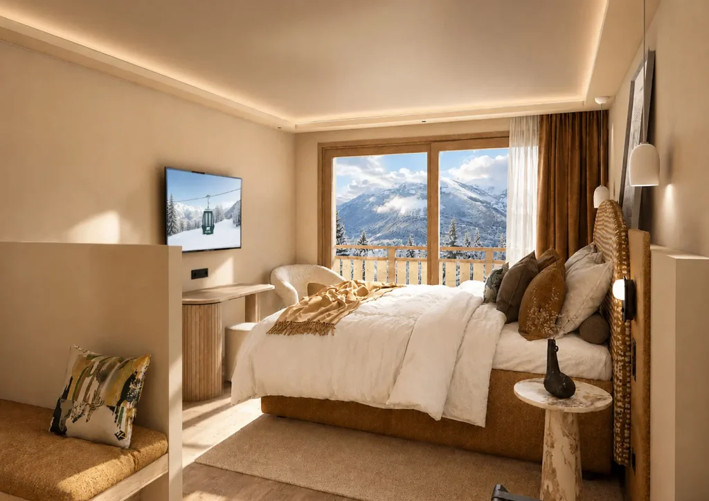 Chambre Deluxe du Bârma Courchevel Hôtel 4 étoiles, avec cloison ajourée et vue sur les pistes