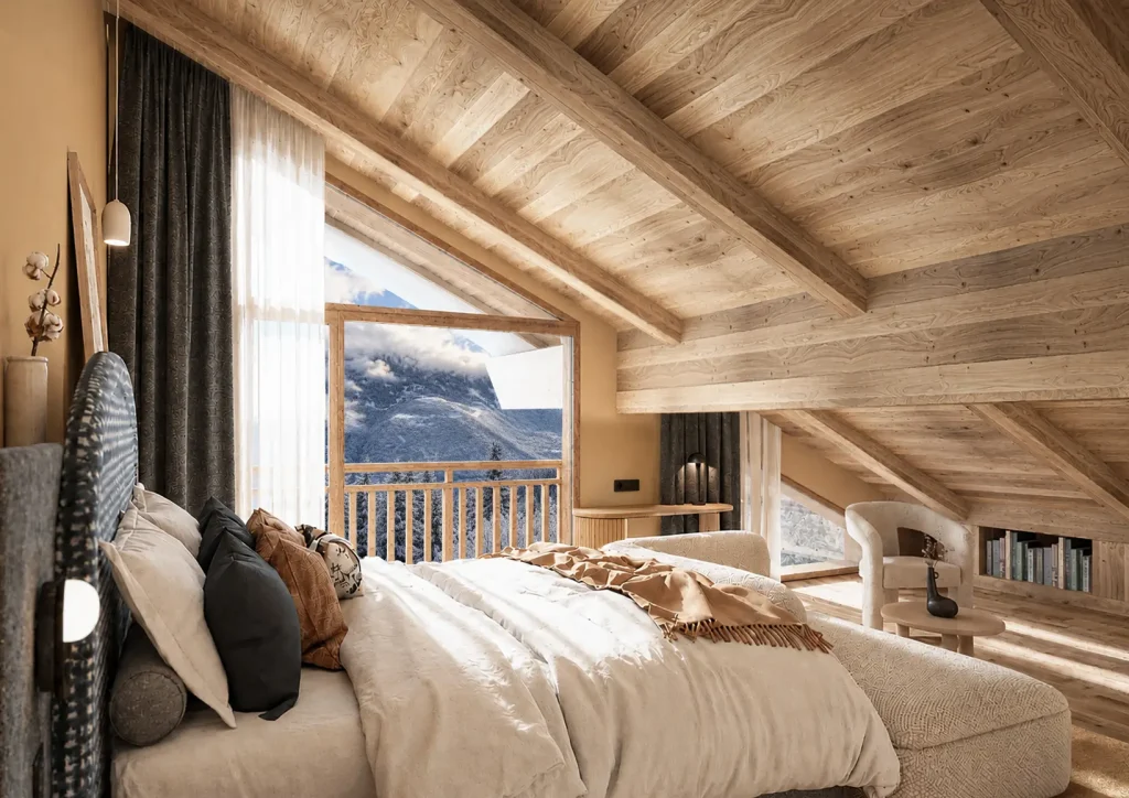 Junior Suite Deluxe du Bârma Courchevel 1400 Hôtel & Spa, chambre mansardée avec terrasse vue montagne
