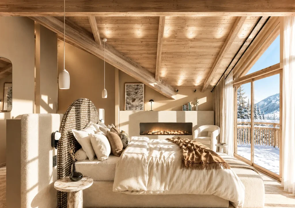 Chambre de la Master Suite au Bârma Courchevel Hôtel 4 étoiles avec cheminée et terrasse privée