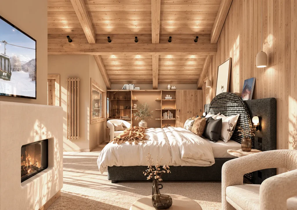 Chambre de la Suite Alpine au Bârma Courchevel Hotel & Spa, avec cheminée et vue sur les pistes