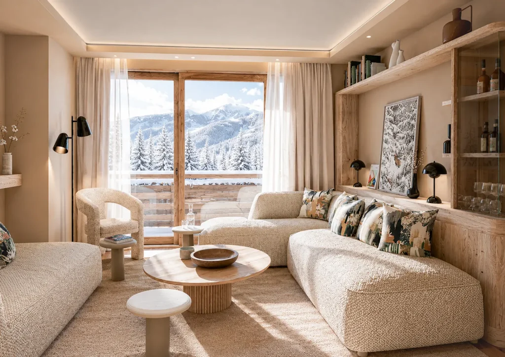 Salon de la Suite Alpine au Bârma Courchevel La Tania Hôtel & Spa, avec canapé d'angle et vue montagnes