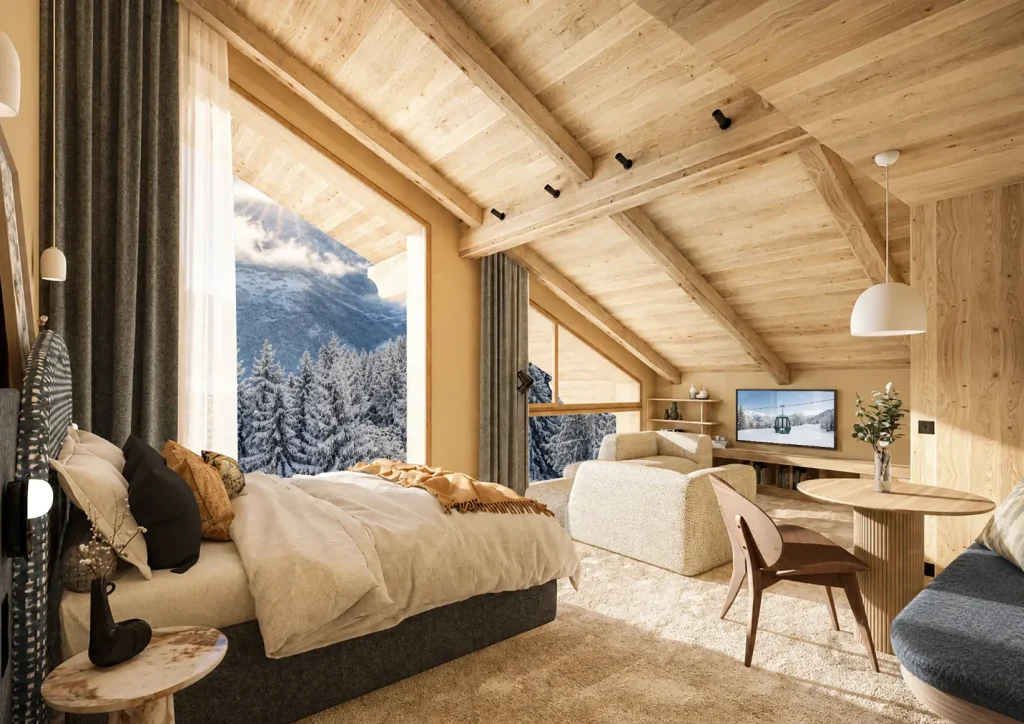 Salon en mezzanine de la Suite Duplex au Bârma Courchevel 1400 Hôtel & Spa, sous plafond en bois