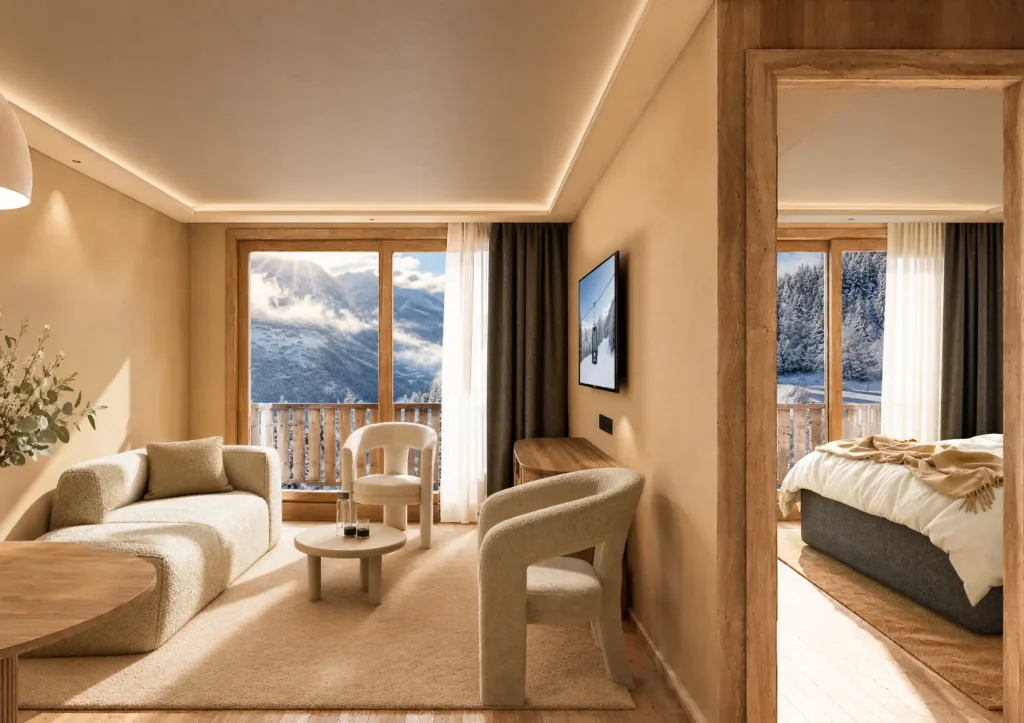 Suite du Bârma Courchevel 1400 Hôtel & Spa avec salon séparé, vue sur la chambre et les montagnes