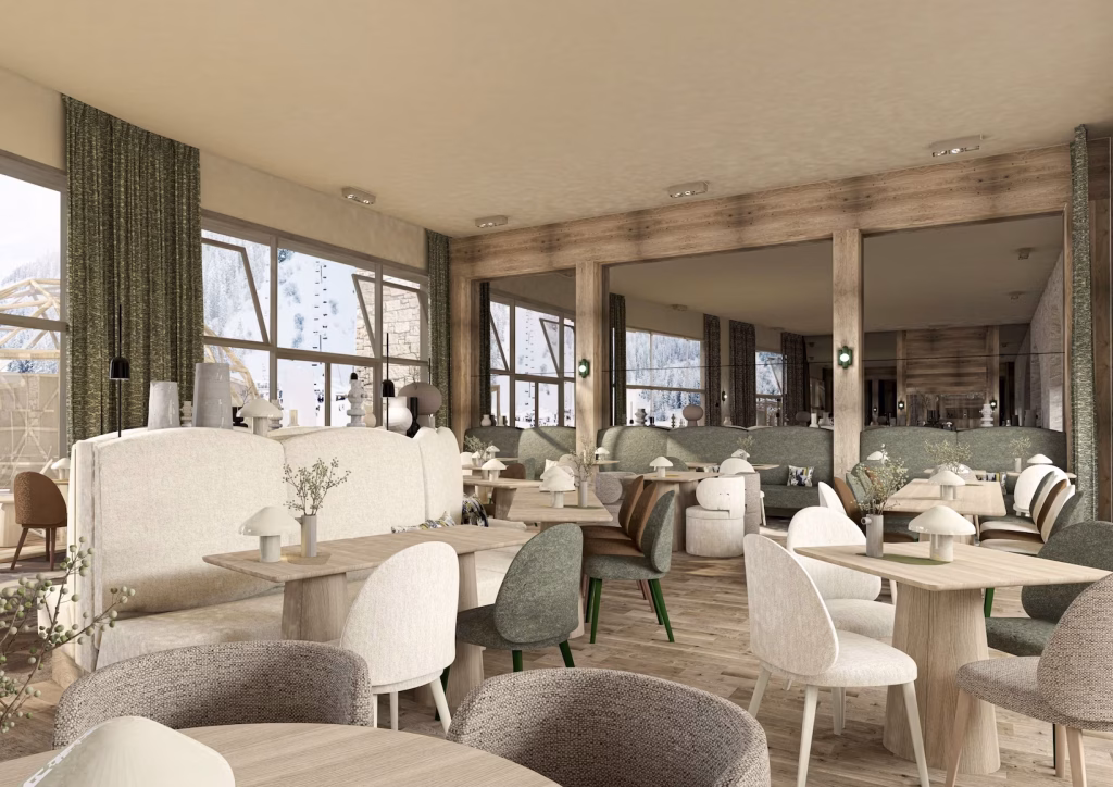 Salle du restaurant La Table de Bârma au Bârma Courchevel Hotel & Spa, tables en bois et vue sur les sommets enneigés